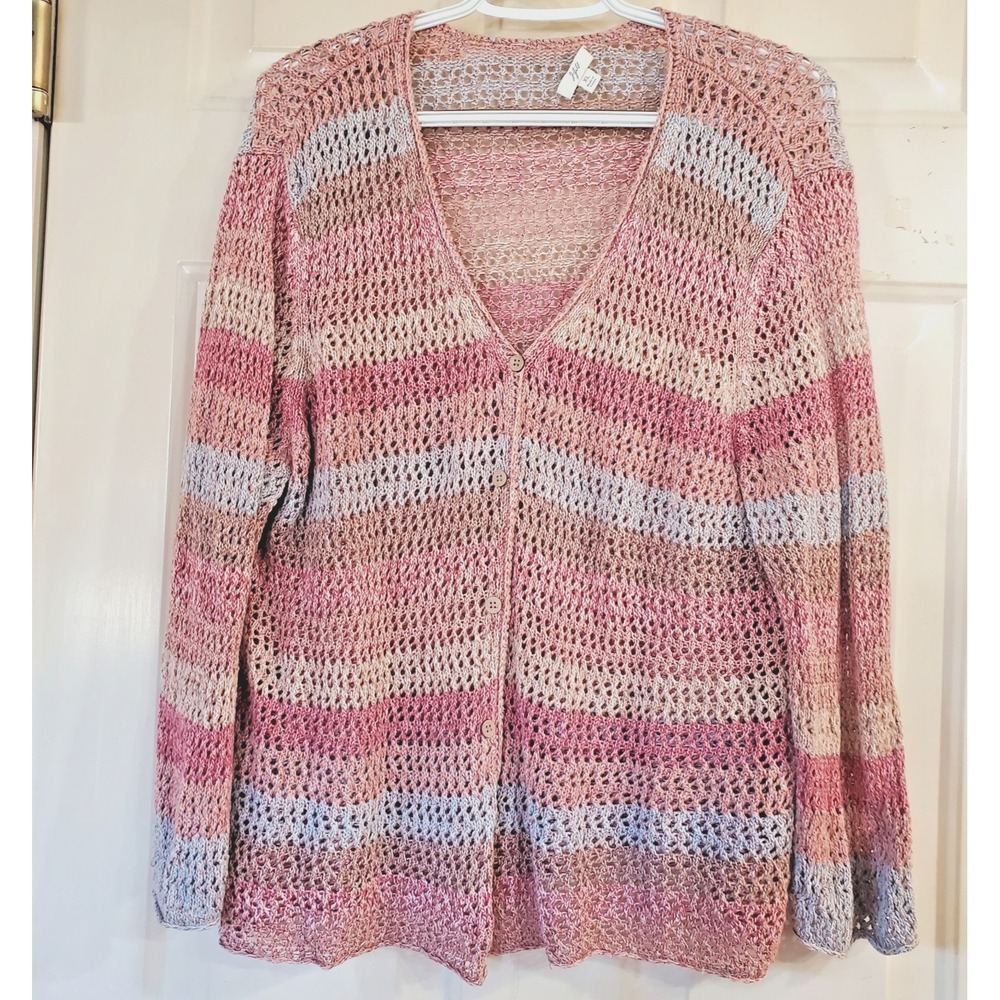 J. Jill Womens Open Weave Ombre Crochet Cardigan Size XL Lightweight Cotton Knit - Picture 1 of 9